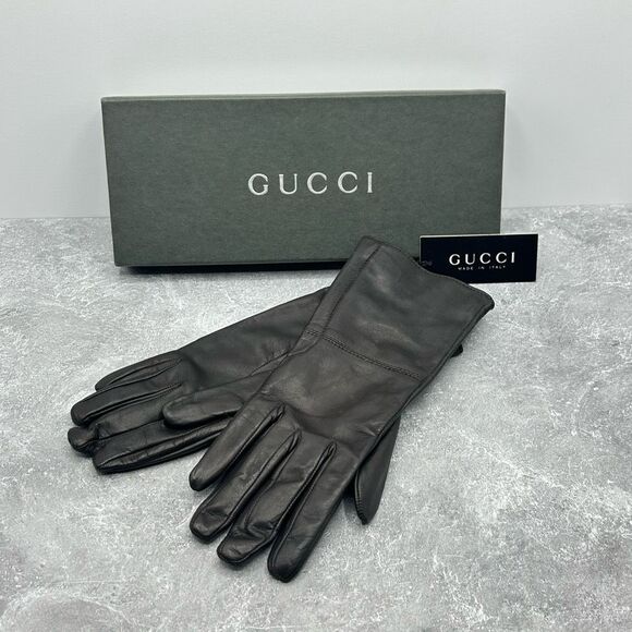 NWT Gucci Black Genuine Leather Nappa Gloves Size 6.5 G Logo Side Zip With Box - Picture 1 of 15